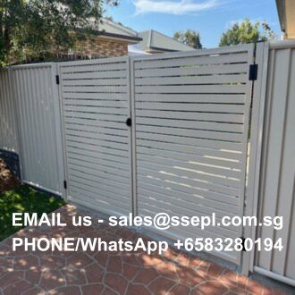 White slatted gate with overlaid contact info: Email sales@ssepl.com.sg and WhatsApp/Phone +65 8328 0194.