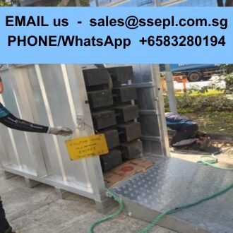 Blue banner across the top displays contact info: 'EMAIL us - sales@ssepl.com.sg' and 'PHONE/WhatsApp +6583280194', above a loading area with a container and workers nearby.