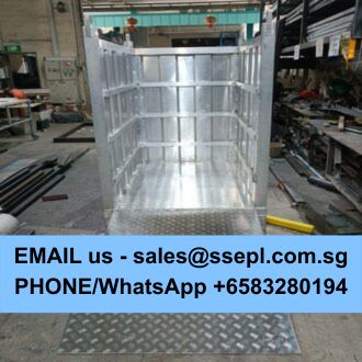 Metal cargo cage in a workshop with a blue banner showing contact info: Email sales@ssepl.com.sg and WhatsApp +65 83280194.