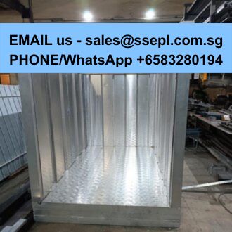 Empty steel display cabinet in a warehouse, overlaid with a blue banner listing sales email and WhatsApp/phone number.