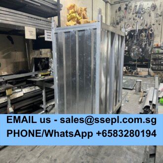 Industrial workshop scene with a large metal frame; a blue banner at the bottom displays contact info: email sales@ssepl.com.sg and WhatsApp +65 83280194.